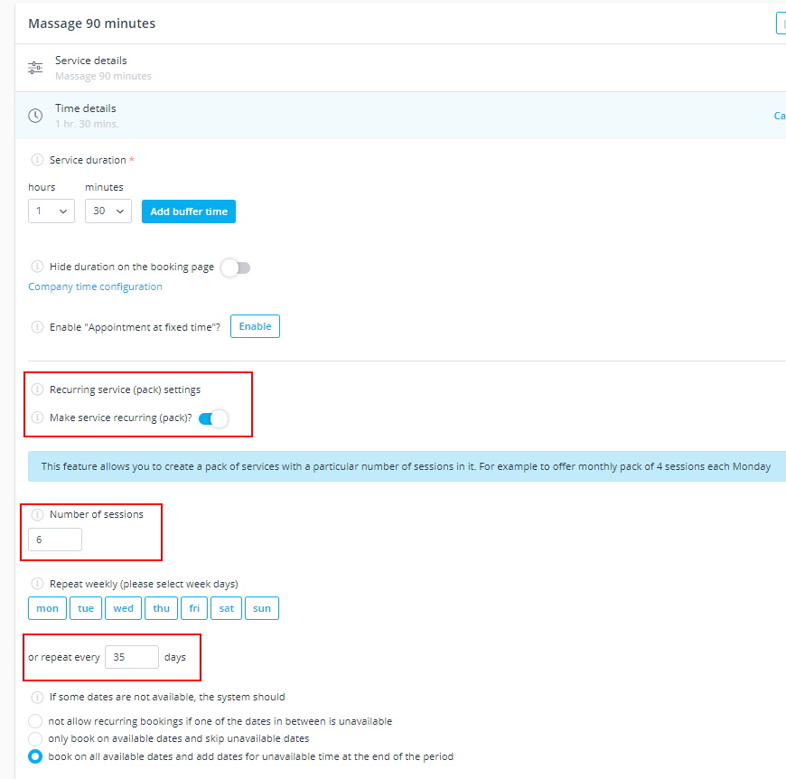 configuración de servicio recurrente