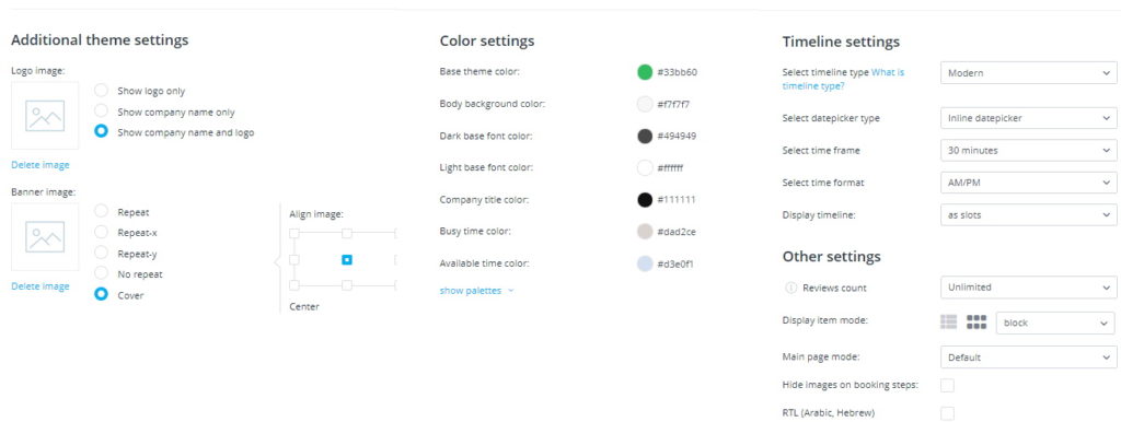 Configuraciones de diseño adicionales después de elegir una plantilla de tema.