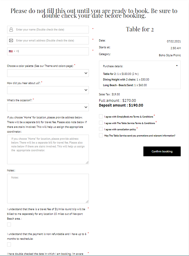 Intake form for confirmation of booking