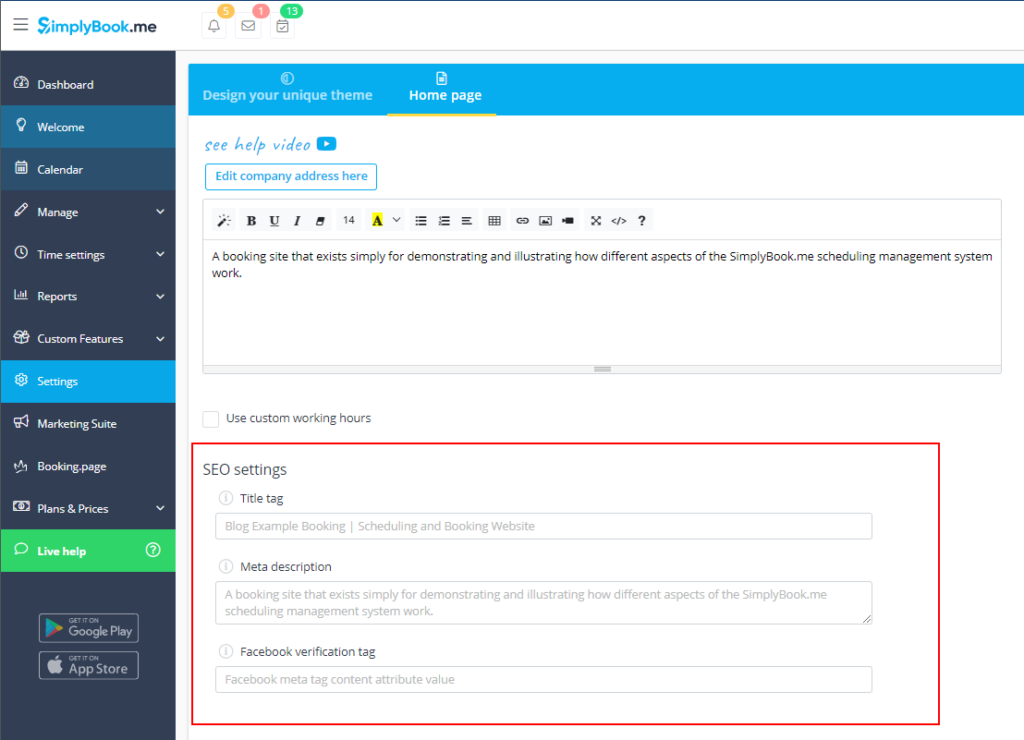 Improve your SEO Settings on SimplyBook.me Interface