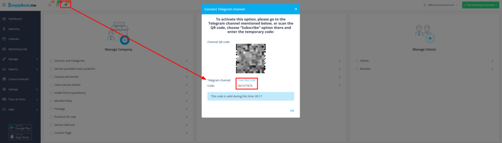 suscripción de notificación de telegrama por un usuario de SimplyBook.me