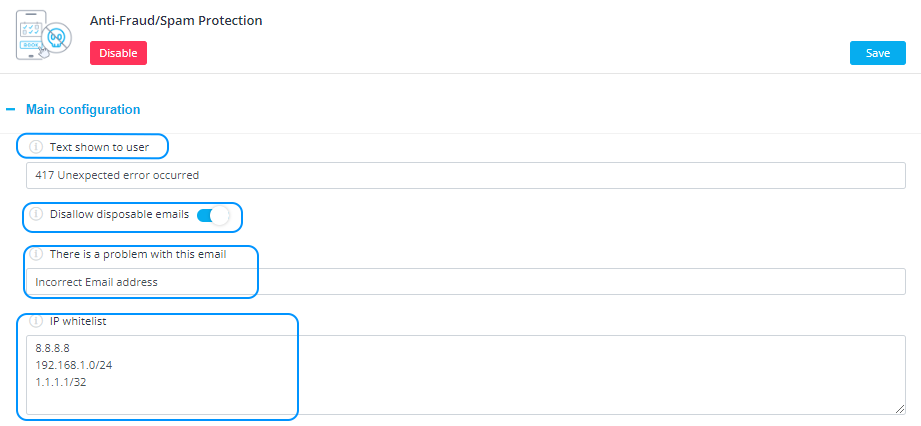 Configuration principale de la protection anti-fraude et anti-spam