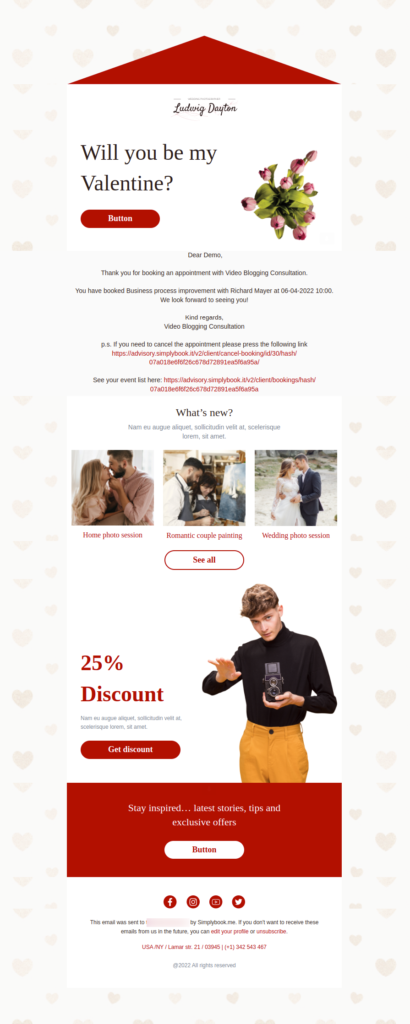 valentines email personnalisé simplybook.me fonctionnalité