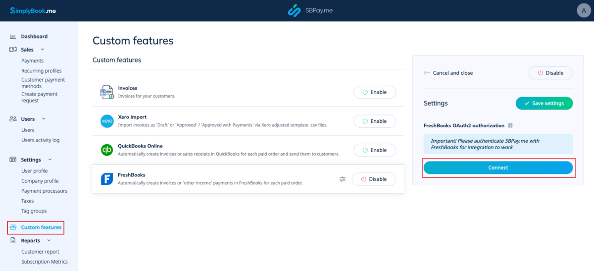 Ruta de conexión de FreshBooks