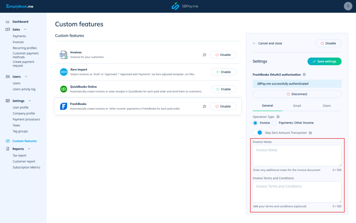 Notes et conditions de facturation FreshBooks