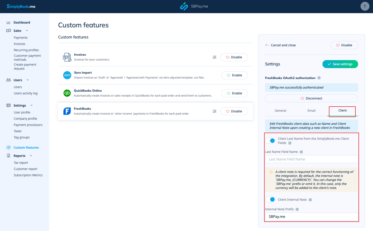 Configuración de los datos de cliente de FreshBooks