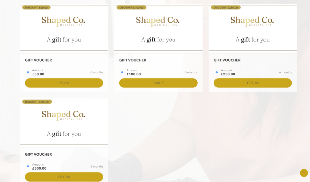 Ofertas de tarjetas regalo de Shaped co en su sitio web simplybook.me