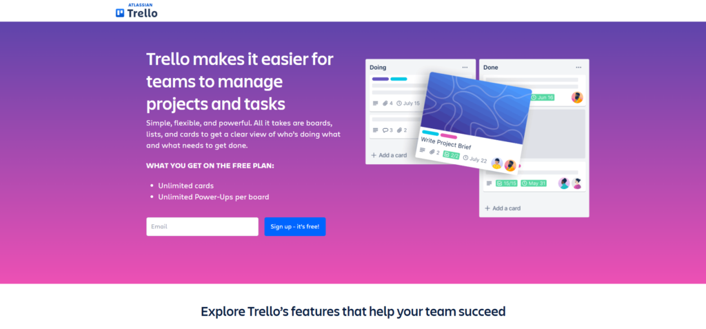 trello by Atlassian homepage